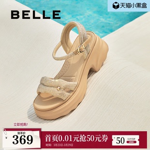 休闲凉鞋 妈妈女法式 D7Z2DBL5 夏新款 百丽厚底增高一字带凉鞋