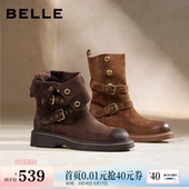 百丽复古厚底棕色西部堆堆靴女冬季 牛仔短筒靴子E7Z1DDZ5 新款