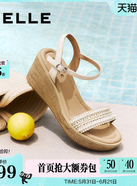 百丽度假风一字带凉鞋夏季新款妈妈坡跟松糕凉鞋子D8T1DBL5