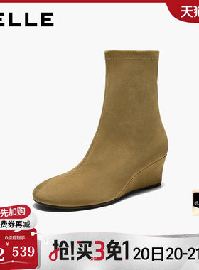 百丽坡跟弹力短靴女2026冬季新款通勤棕色显瘦瘦高跟靴子G5X1DDZ6