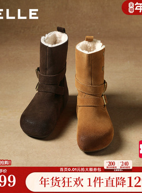 百丽复古双饰扣雪地靴女冬内增高加毛保暖休闲中靴F3E1DDZ5