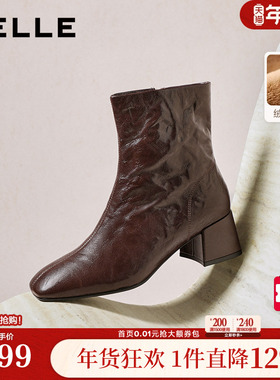 百丽超软羊皮加绒时装靴冬季新款显瘦粗高跟防滑短靴子F2Q1DDZ5