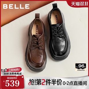 百丽英伦风系带牛津鞋女2026秋季新款黑色通勤小皮单鞋子B3452CM6