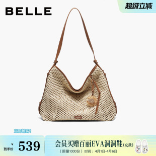 休闲通勤度假编织包单肩斜挎托特包9410ABX6 百丽包包女2026夏新款