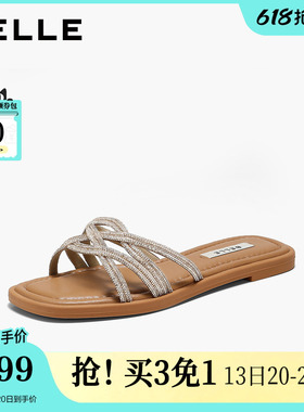 百丽细钻一字拖女2026夏季新款平底室内可外穿沙滩拖鞋子F7A1D
