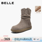 百丽复古堆堆西部休闲靴女冬季 雪地靴加绒牛仔短靴B2826DZ5 新款