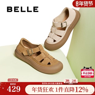 百丽透气罗马凉鞋女夏季新款包头厚底猪笼妈妈单鞋子D6T1DBK5