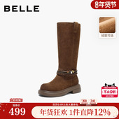 百丽复古高长靴西部骑士靴加绒厚底增高筒美拉德瘦瘦靴E8J2DDG5