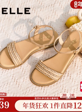 百丽一字带凉鞋女夏季新款法式绝美海边平底单鞋3CQ36BL5