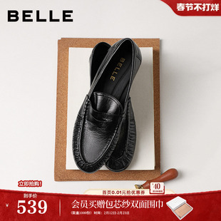 百丽褶皱乐福鞋女26春季新款真皮黑色小皮鞋豆豆单鞋子F3S1DAA6