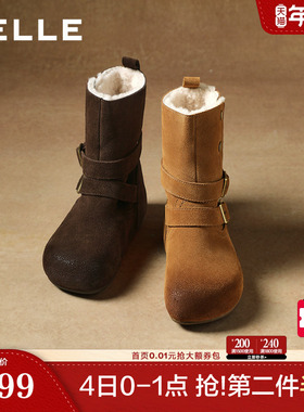 百丽复古双饰扣雪地靴女2025冬内增高加毛保暖休闲中靴F3E1DDZ5
