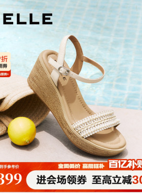 百丽度假风一字带凉鞋夏季新款妈妈坡跟松糕凉鞋子D8T1DBL5