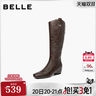 百丽复古高长弹力骑士靴女2026冬季新款坡跟内增高长筒靴子B3352D