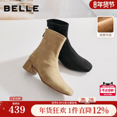 百丽画廊假日加绒时装 弹力靴反绒面粗高跟显瘦瘦短靴子BBWB1DZ5