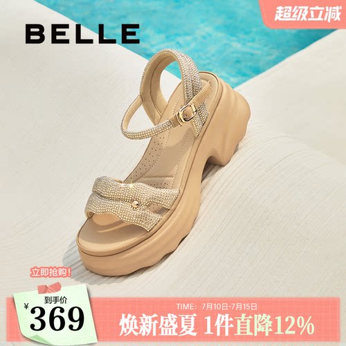 百丽厚底增高一字带凉鞋夏新款妈妈女法式休闲凉鞋D7Z2DBL5