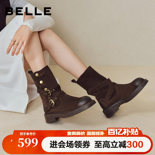 百丽复古厚底棕色西部堆堆靴女秋季新款牛仔短筒靴子E7Z1DDZ5