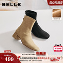 百丽画廊假日加绒时装弹力靴反绒面粗高跟显瘦瘦短靴子BBWB1DZ5