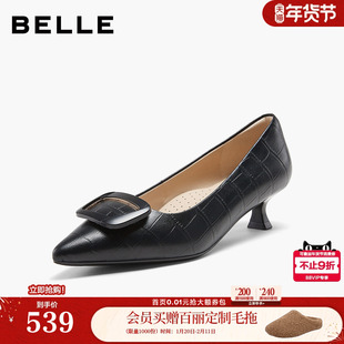 百丽羊皮黑色高跟单鞋女26春季新款通勤上班不累脚猫跟鞋子F1T1DA