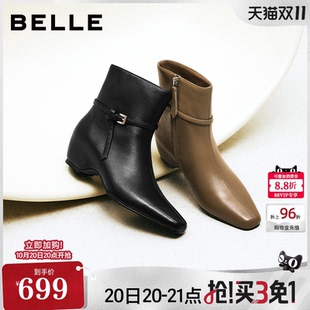 百丽柔软羊皮时装靴高跟女靴2026冬季新款真皮内增高短靴G4Q1DDD6