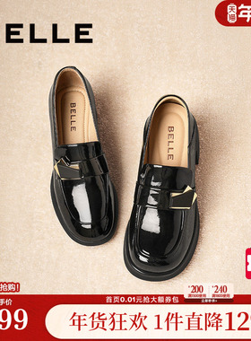 百丽粗高跟乐福鞋女春新款一脚蹬黑色小皮鞋单鞋子D7E1DAA5