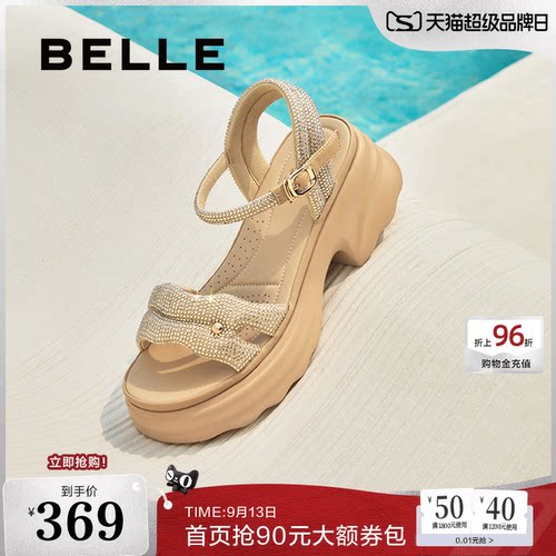 百丽厚底增高一字带凉鞋夏新款妈妈女法式休闲凉鞋D7Z2DBL5