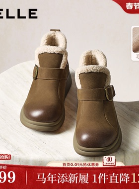 百丽加绒保暖棉鞋休闲靴子女冬款真皮厚底切尔西短靴E5D1DDD5