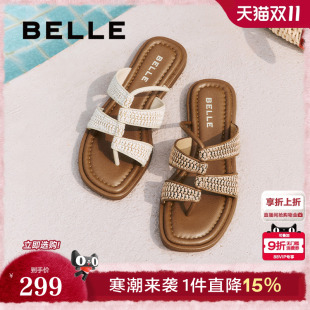 舒适罗马风凉拖鞋 新款 B2665BT5 女2025夏季 百丽度假编织夹趾拖鞋