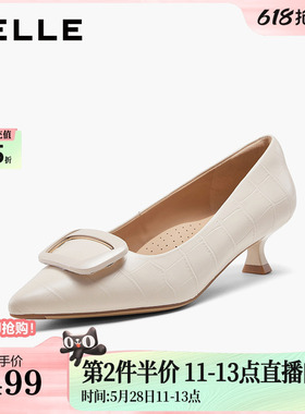 百丽羊皮黑色高跟单鞋女26春季新款通勤上班不累脚猫跟鞋子F1T1DA