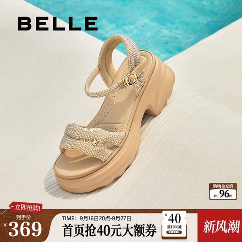 百丽厚底增高一字带凉鞋夏新款妈妈女法式休闲凉鞋D7Z2DBL5