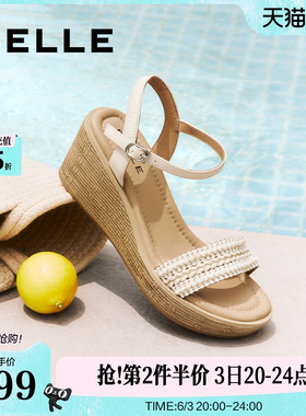 百丽度假风一字带凉鞋夏季新款妈妈坡跟松糕凉鞋子D8T1DBL5
