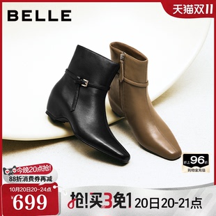 百丽柔软羊皮时装靴高跟女靴2026冬季新款真皮内增高短靴G4Q1DDD6