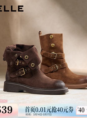 百丽复古厚底棕色西部堆堆靴女冬季新款牛仔短筒靴子E7Z1DDZ5