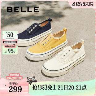 百搭休闲小白女鞋 新款 B2699C预 厚底一脚蹬懒人鞋 百丽航海家帆布鞋