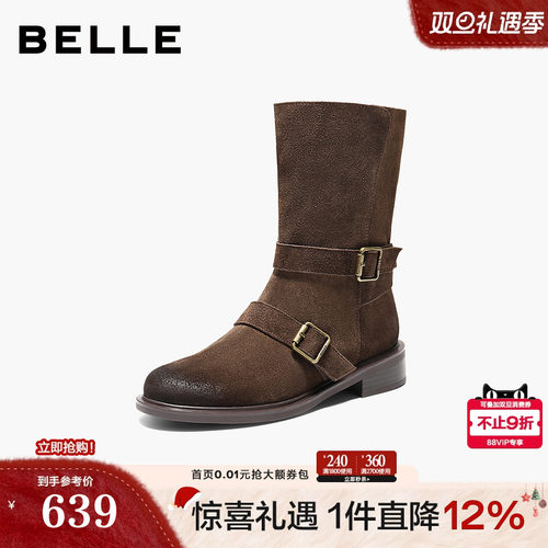 百丽复古反绒面中筒靴显瘦时装靴女鞋美拉德粗跟西部靴3QF65DG5