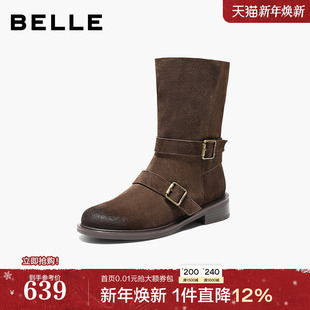 百丽复古反绒面中筒靴显瘦时装 美拉德粗跟西部靴3QF65DG5 靴女鞋