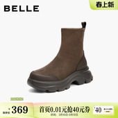 百丽鲸鱼靴冬季 厚底增高复古绒面显瘦弹力短靴E4V2DDZ5 新款