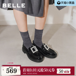 真皮方扣闪钻黑色小皮单鞋 女鞋 B3085AM6 厚底新款 百丽璀璨乐福鞋