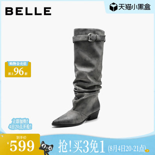 百丽低跟尖头堆堆西部靴女2026冬季新款骑士高长靴长筒靴子B3280