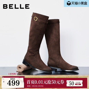 百丽显瘦瘦靴绒面弹力骑士长筒靴子女冬新款 粗跟高长靴3QFF2DG5