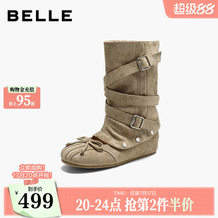 百丽女靴内增高中筒靴可拆卸2026冬新款芭蕾舞鞋堆堆靴B3277DZ6