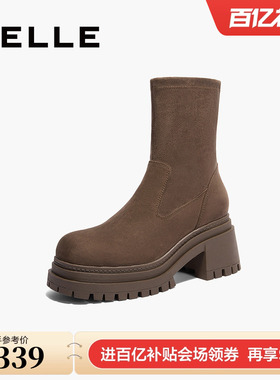 百丽女鞋子厚底弹力靴女新款冬粗跟短靴反绒面瘦瘦靴子3MC61DZ4