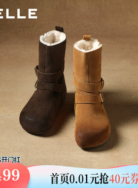 百丽复古双饰扣雪地靴女冬内增高加毛保暖休闲中靴F3E1DDZ5