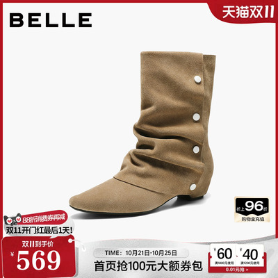 内增高4cm百丽牛皮堆堆西部裤管靴女冬新美拉德宽筒尖头短靴B3470