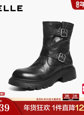 百丽厚底增高真皮西部靴子女冬新复古双饰扣中筒靴B2959DD5