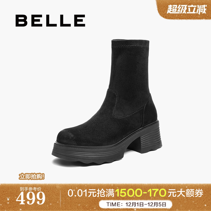 百丽女靴子复古弹力靴2025冬季新款加绒高跟显瘦瘦短靴E5G2DDZ5