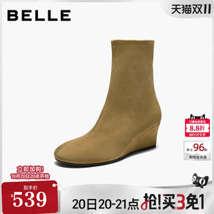 百丽坡跟弹力短靴女2026冬季新款通勤棕色显瘦瘦高跟靴子G5X1DDZ6
