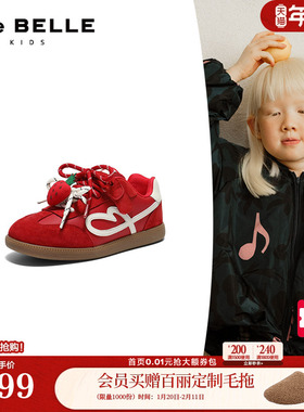 百丽儿童鞋红色新年阿甘德训鞋女中童鞋新款魔术贴板鞋子L2015A86