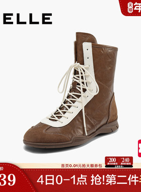 百丽复古英伦拳击靴夏2025新运动风中筒西部休闲靴子女BAS61DZ5