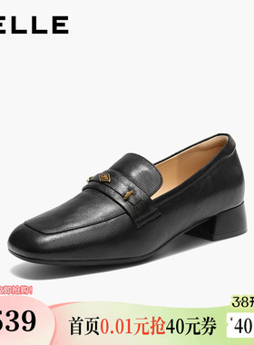 百丽羊皮粗高跟乐福鞋女26新款一脚蹬豆豆小皮鞋单鞋子F1Z1DAA6