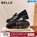 深口单鞋 百丽复古粗高跟乐福鞋 黑色小皮鞋 新款 F2H1DAA6 女26春季